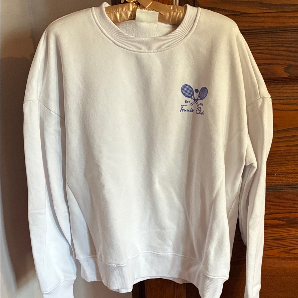 White Crewneck Sweatshirt with Small Lavender Tennis Chest Graphic